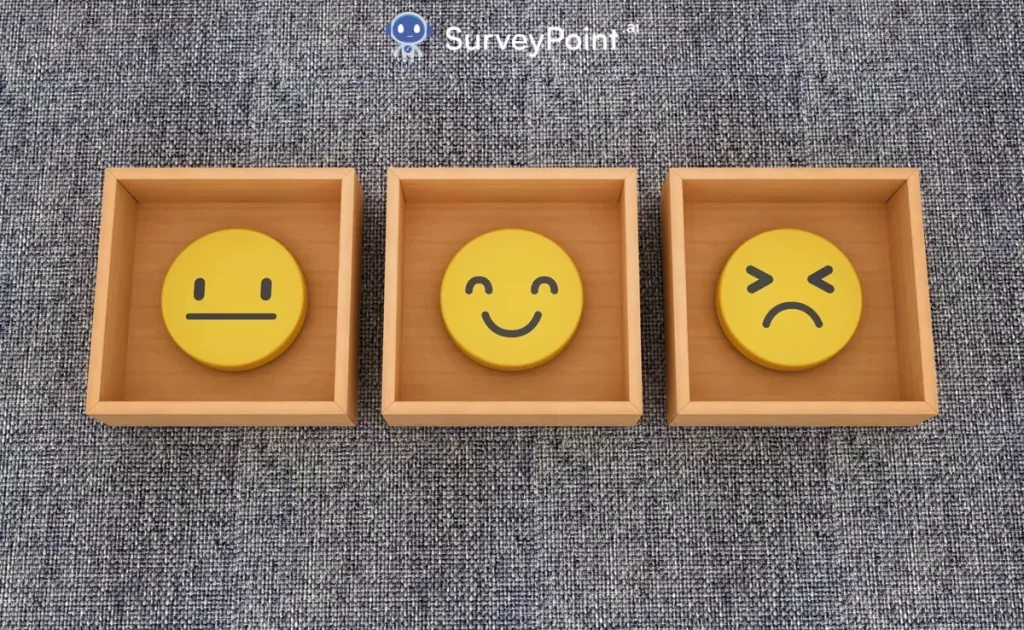 Three wooden boxes with emoticons on them, representing feedback questionnaires.