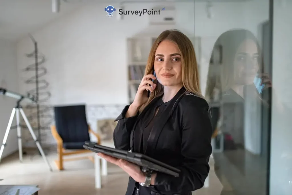 A businesswoman in a suit holding a laptop and talking on the phone, conducting a CAWI Survey.