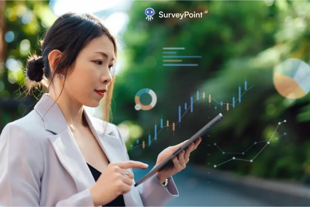 Balanced Rating Scale: Asian businesswoman analyzing stock market icons on tablet computer.