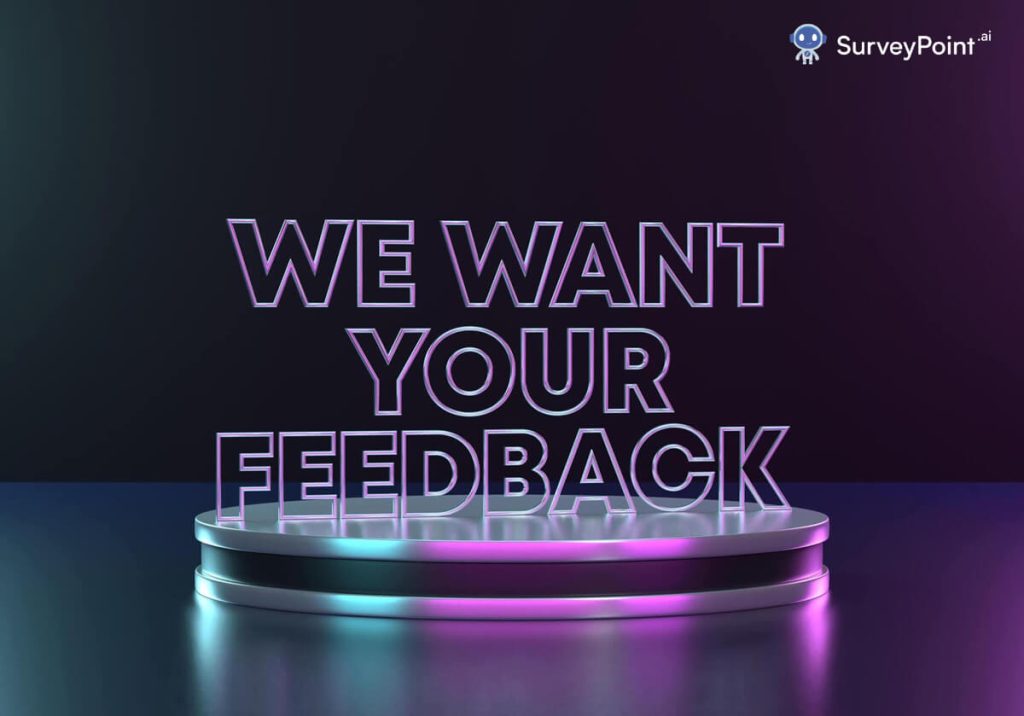 3D render of "We want your feedback" sign on a pedestal. Ideal for Survey Platform.