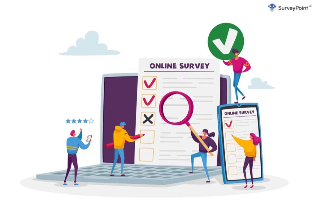 Online survey concept illustration showcasing various survey tools.