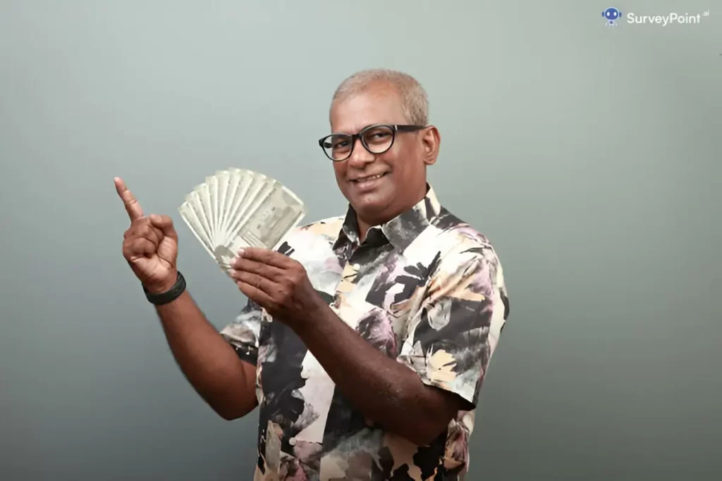 A man in glasses holds up money and points, suggesting the opportunity to make money with online surveys.