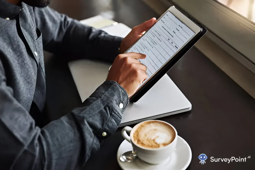 He is likely participating in an online survey. A man using a tablet computer while holding a coffee cup.