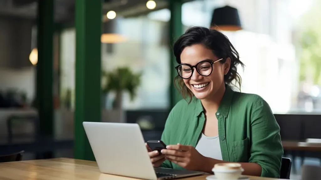 A woman in glasses smiling while using her laptop. Future of Online Surveys.