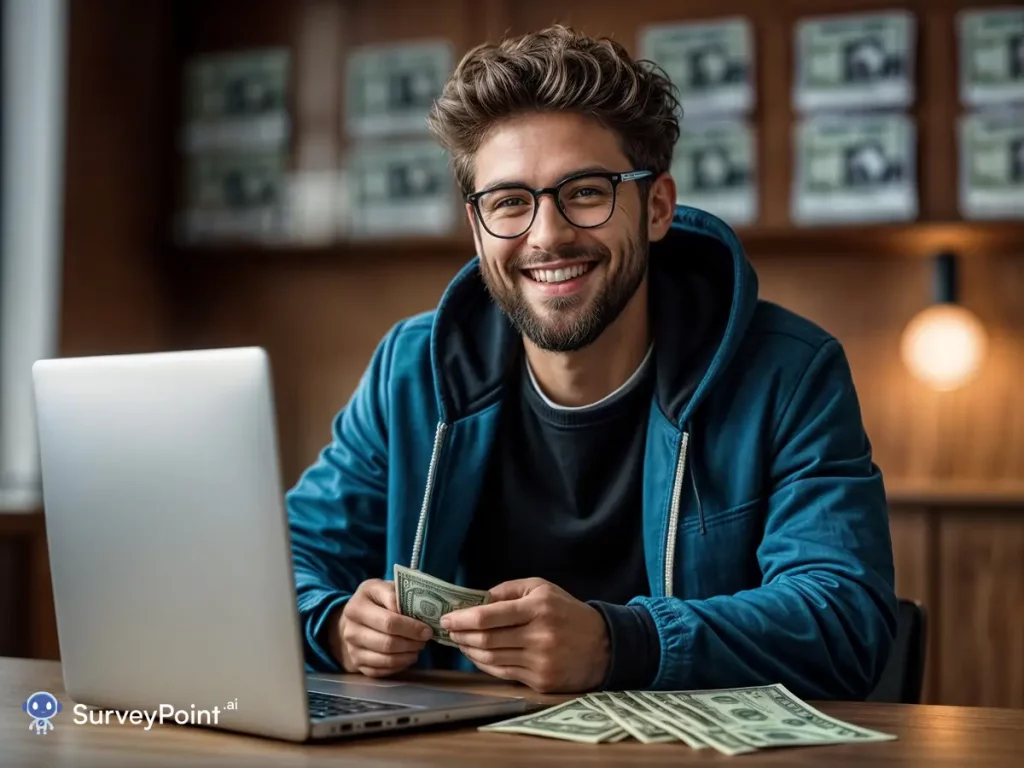 A man in glasses smiling at a table with money, representing earnings through Paid Online Surveys.