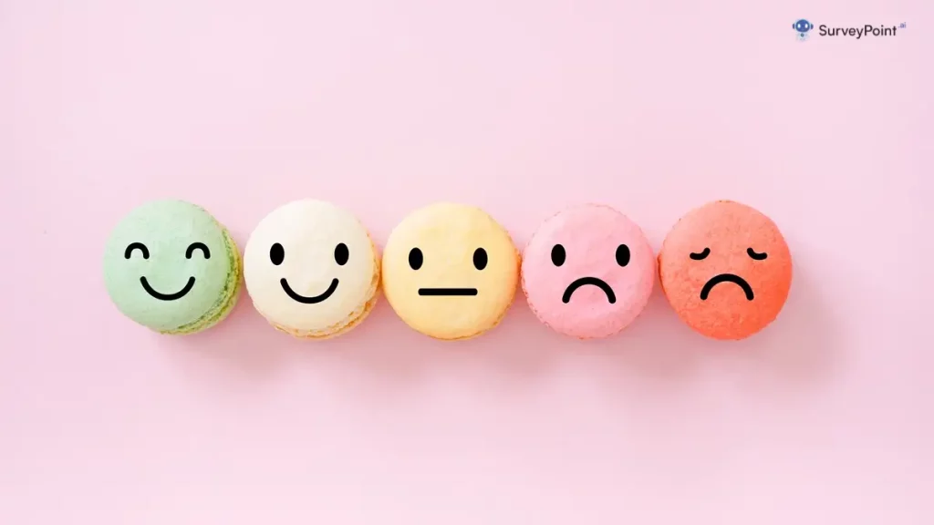 Five macarons with distinct emotions illustrated on their surfaces, showcasing a range of feelings. offline surveys.