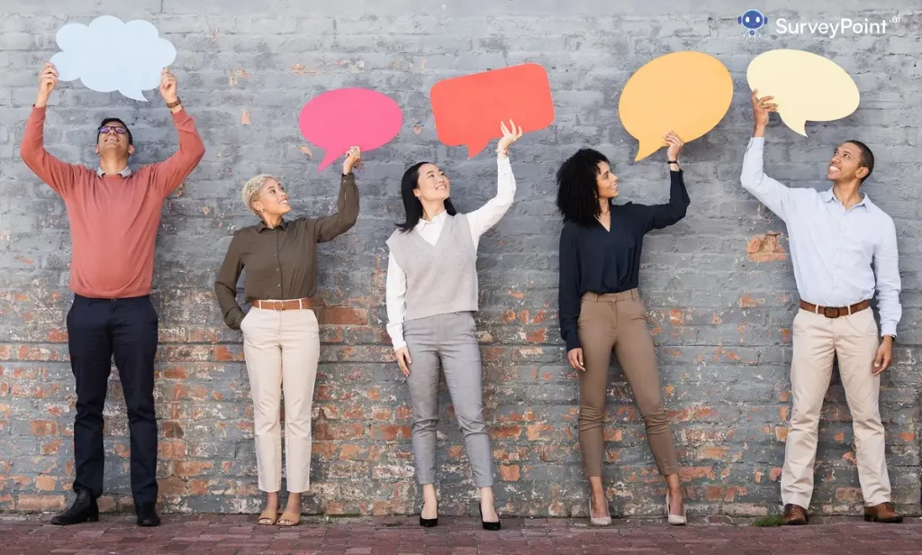 A group of people holding speech bubbles for an online survey.