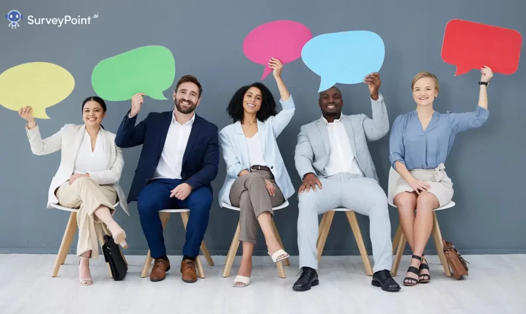 A group of business people sitting on chairs with speech bubbles, participating in the Clarity Research Survey.