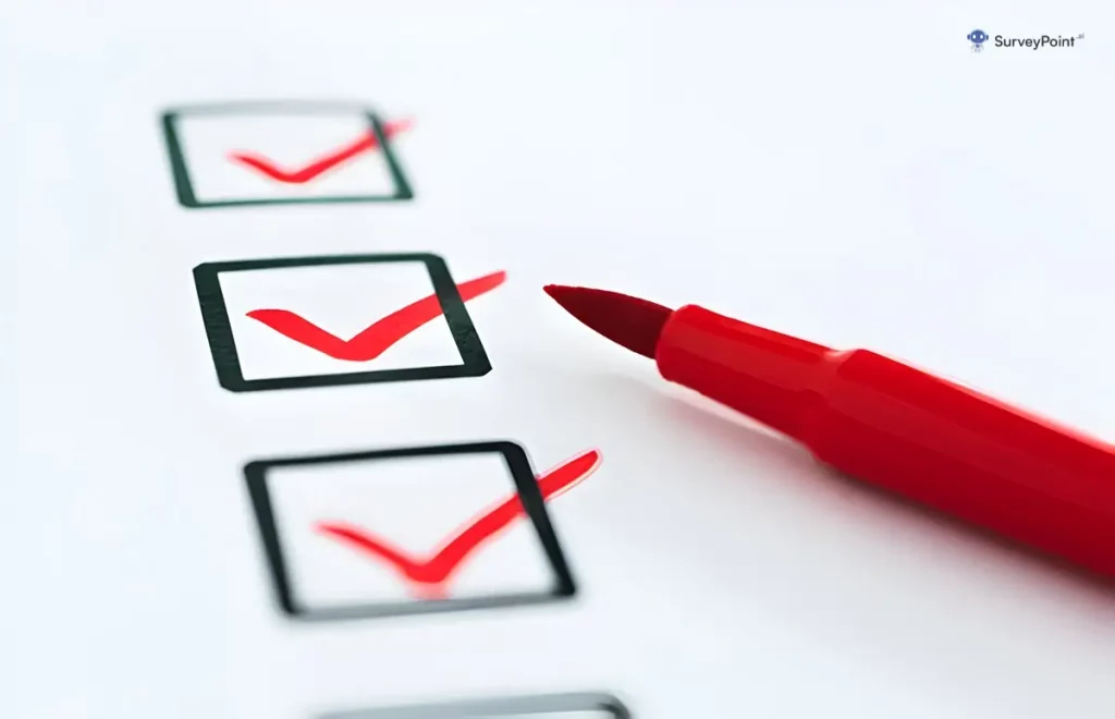 Survey Panel checklist on white paper with red pen.