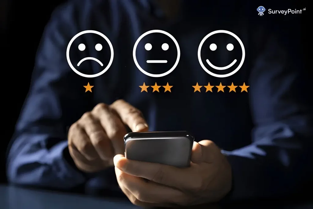 A man using a smartphone with five stars on it, representing Engagement Survey Memes.