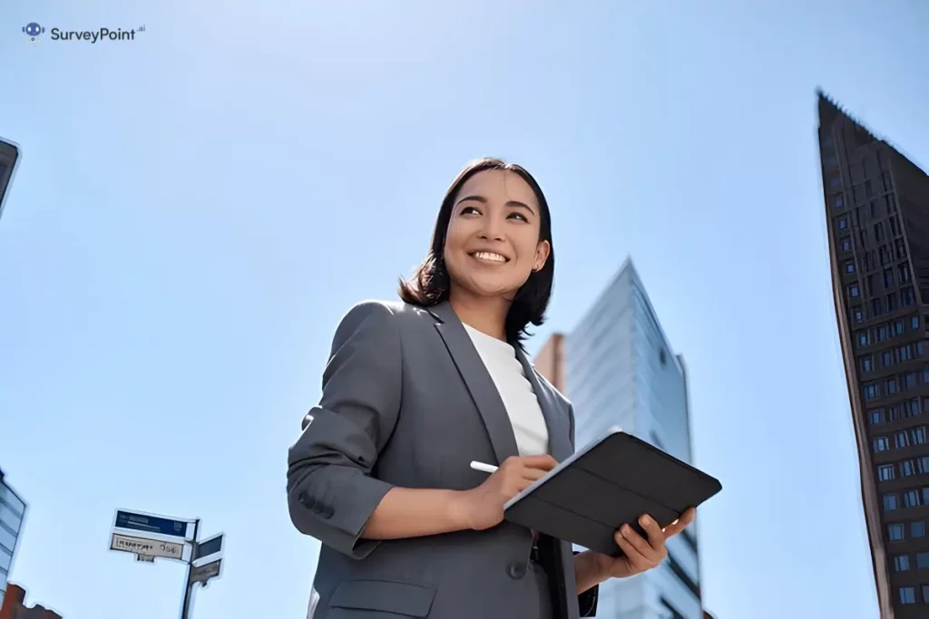 A professional woman in a business suit is holding a tablet, engaged in a task related to the Decoding Survey.