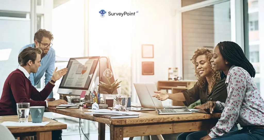 Employees collaborating at a table in an office, focused on the Employee Engagement Survey Vendors.