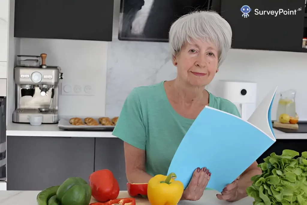 An older woman holds a book while examining fresh vegetables, reflecting on her cooking survey insights.