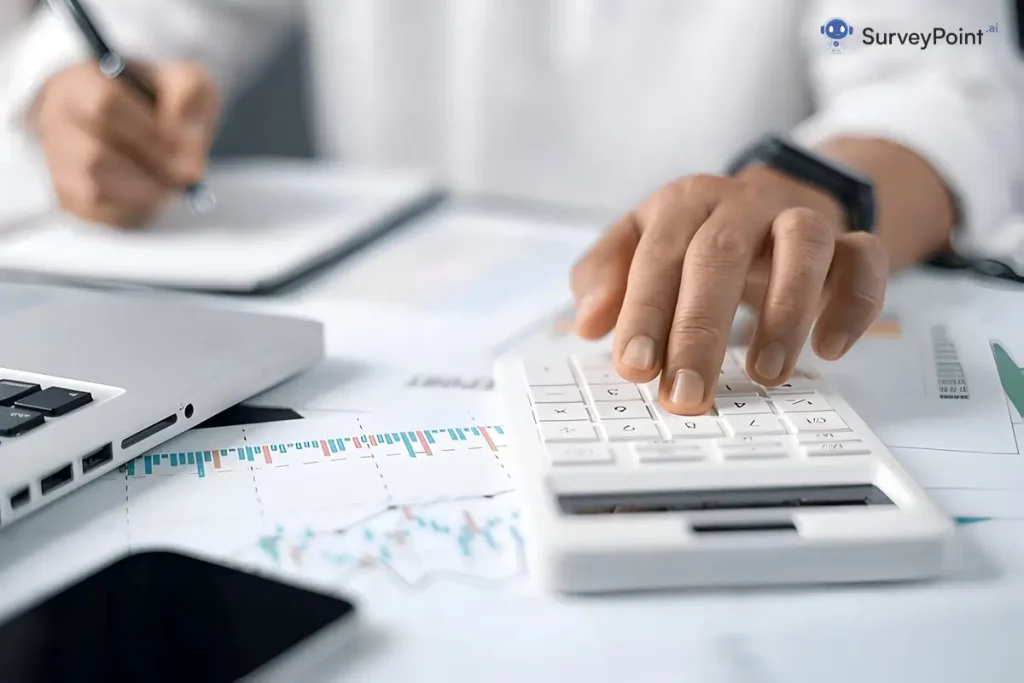 A person calculates on a desk cluttered with papers, reflecting on responses from a Thank You Note Survey.