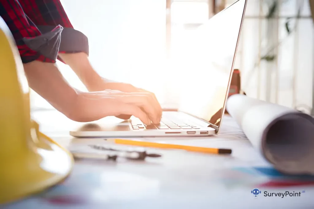 A person focused on typing on a laptop at a construction site, analyzing data for site surveys and project management.