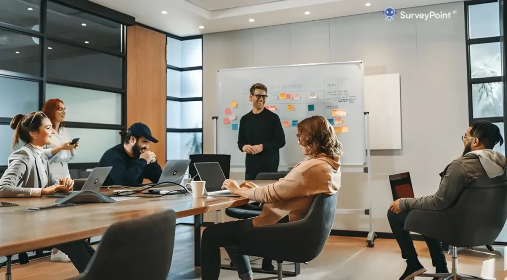 A group of people in a meeting room with a whiteboard, discussing the Change Management Survey.