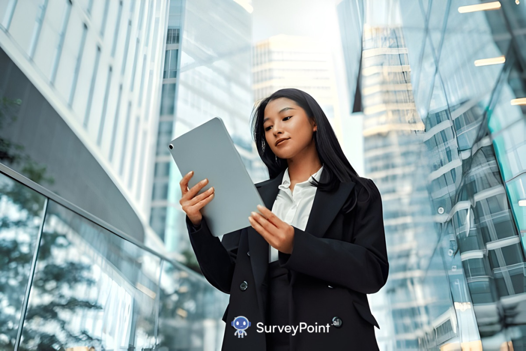 A woman in a business suit holding a tablet, ready to take a survey.