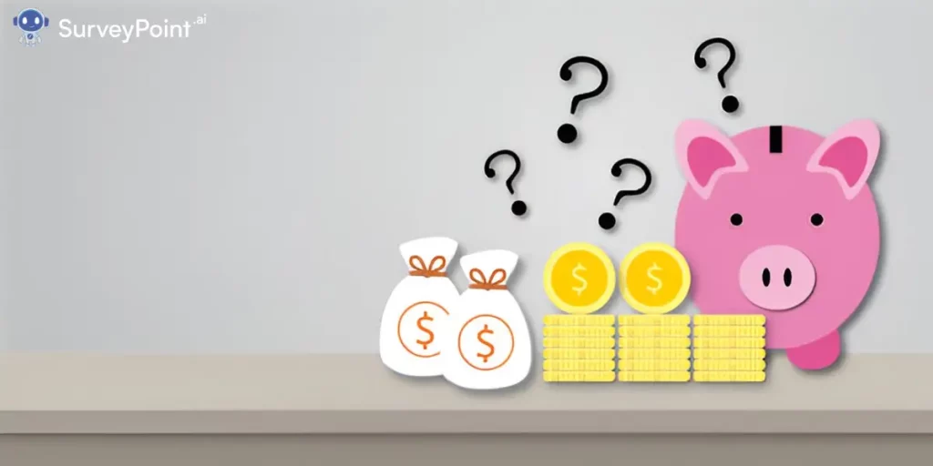 An image depicting a piggy bank alongside money bags, featuring question marks, symbolizing payment survey inquiries.