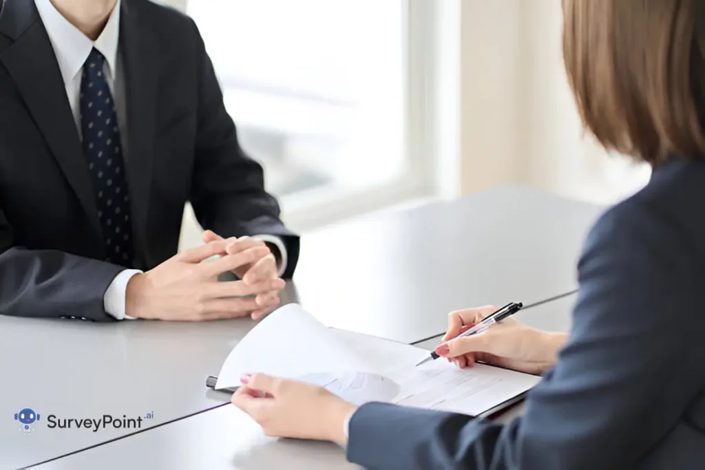 A man and woman seated at a table, engaged in discussion with a pen and paper, reviewing hiring manager survey questions.