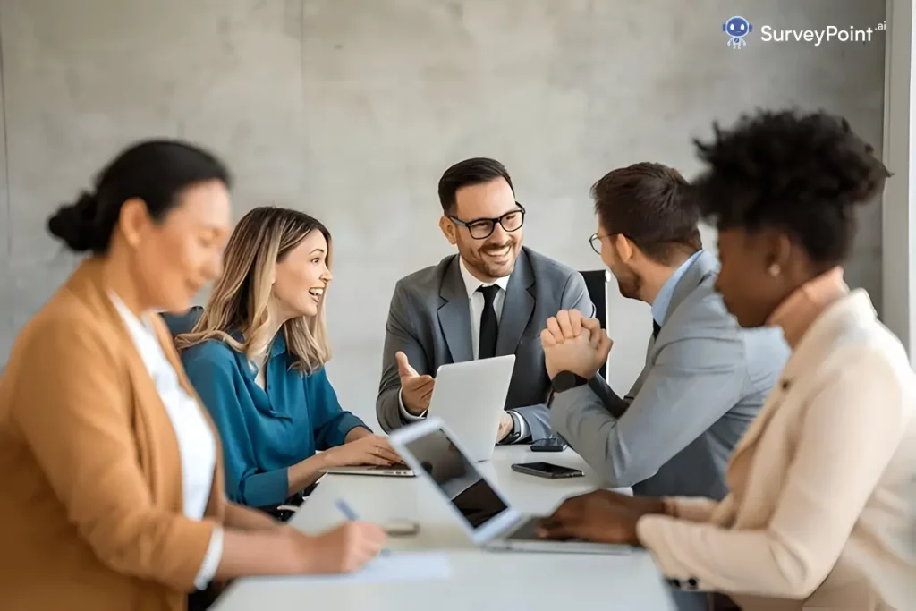 A diverse group of business professionals seated around a table, engaged in discussion for a Thank You Note Survey.