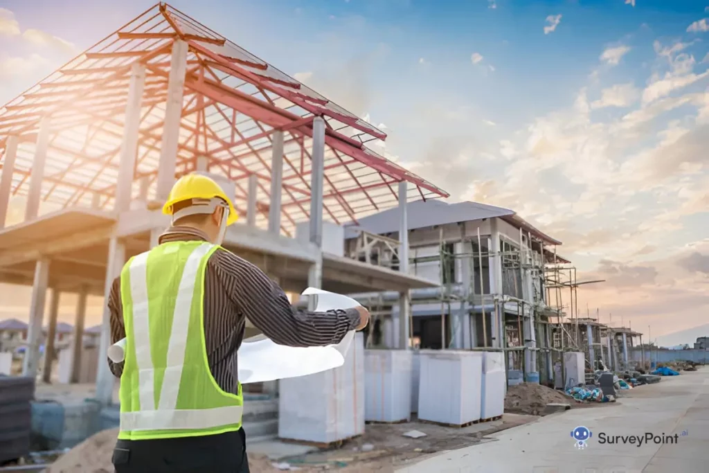 A construction worker examines a blueprint at a Construction Site Surveys, with a building structure in the background.