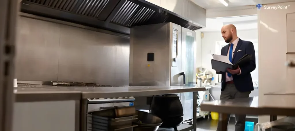 A man in a suit stands in a kitchen, engaged in a cooking survey, showcasing a blend of professionalism and culinary interest.