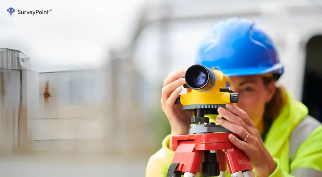 A woman in a hard hat operates a surveying instrument at a construction site, ensuring precise measurements for the project.