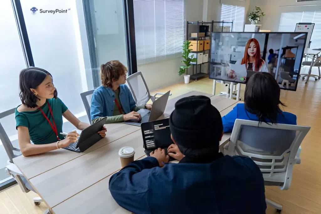 A group of professionals seated at a table in an office, collaborating on a laptop for the Internal Communications Survey.