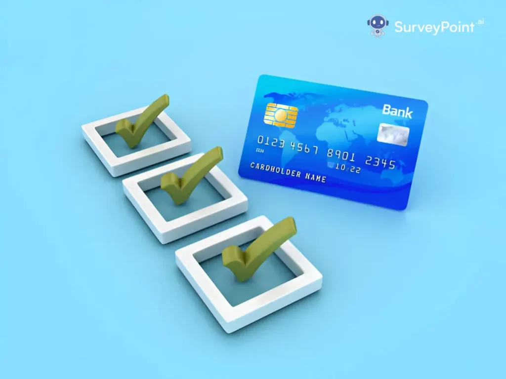 A 3D illustration of a credit card and checkbox on a blue background, symbolizing payment survey questions.