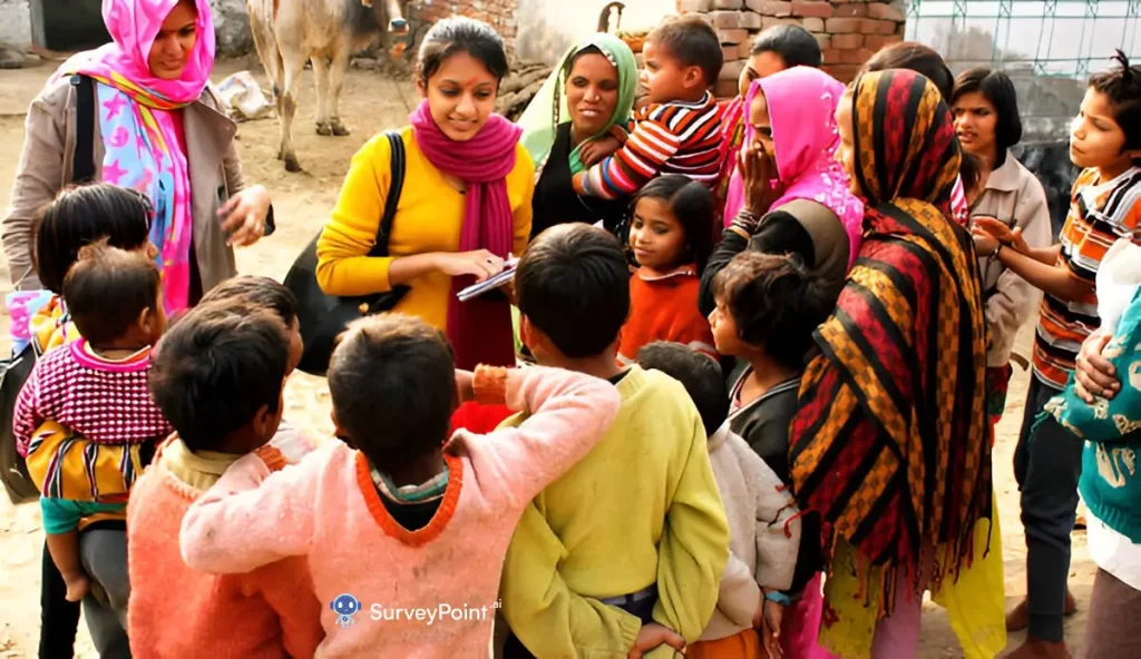 A woman stands confidently before a group of attentive children, engaging them in a Culture Index Survey discussion.