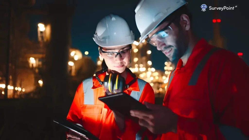 Two men in hard hats and safety glasses analyze information on a tablet during a construction site surveys.