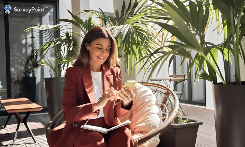 A woman in a red suit sits on a chair, engaged in a phone conversation, embodying focus and determination for a reading challenge.