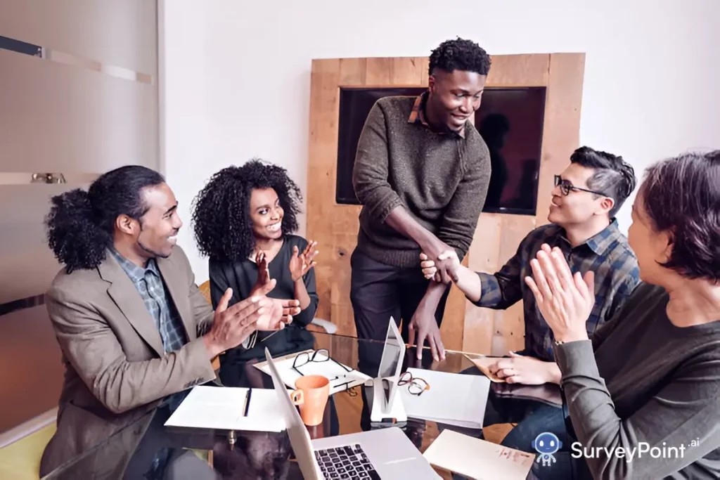 A group of colleagues at a table celebrates teamwork with a high five, showcasing a positive office environment.