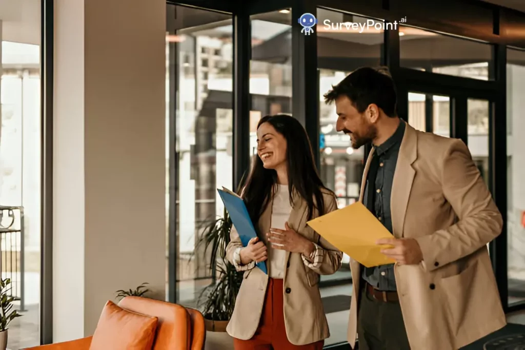 Two individuals in an office setting, standing beside folders, engaged in a discussion about the About Me Survey.