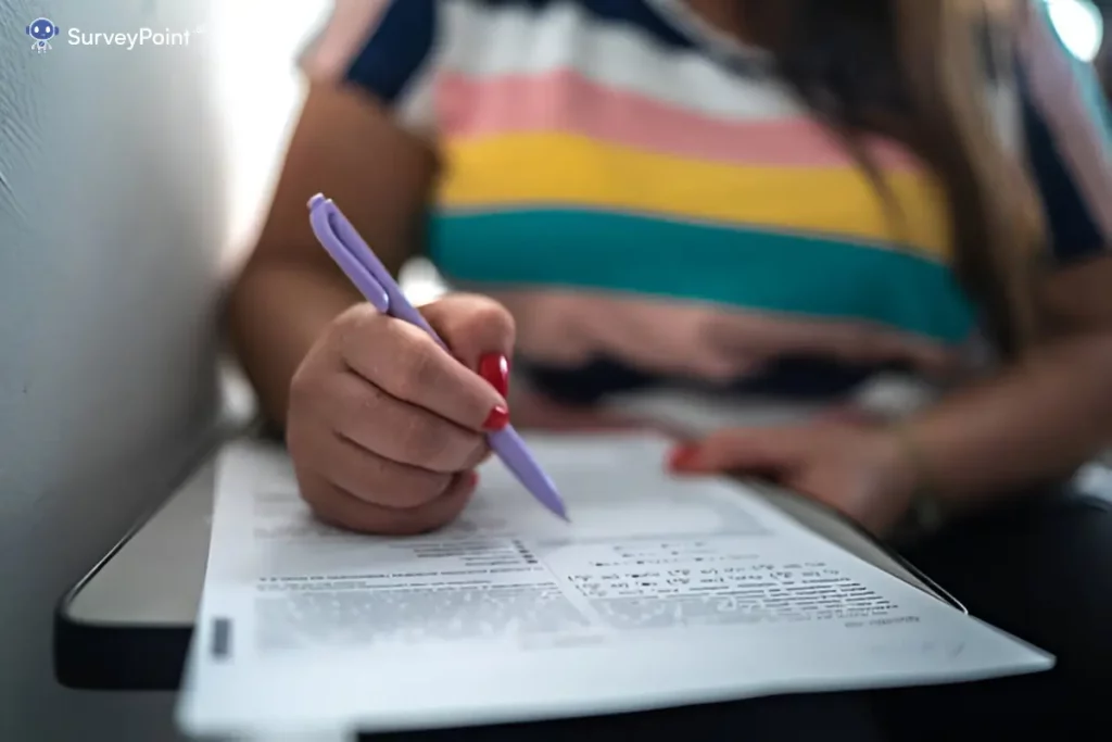 A woman diligently writes on a piece of paper with a pen, completing her First Day Student Survey.