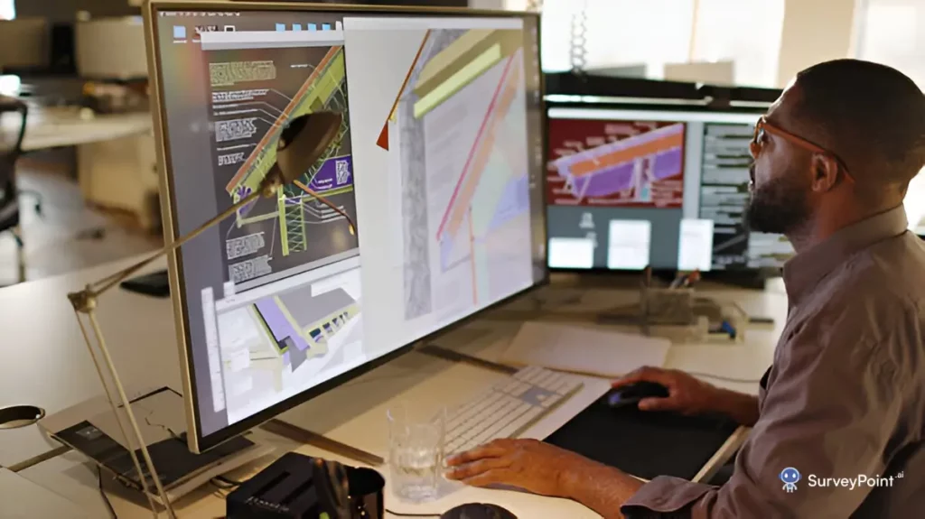 A man conducts work on a computer at a construction site, focused on a large monitor displaying survey data.