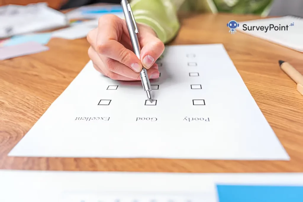 A woman diligently completing an "About Me" survey questionnaire, focused on providing her personal information.