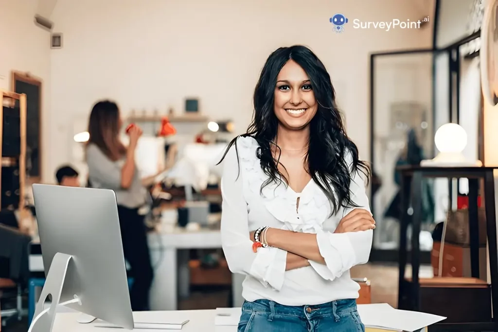 A woman stands confidently in front of a desk, arms crossed, as part of an "About Me Survey" presentation.