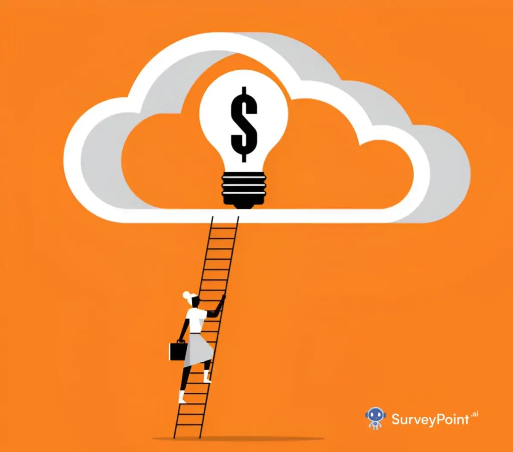 A woman ascends a ladder towards a cloud featuring a dollar sign, symbolizing rewards from Surveys on the Go.