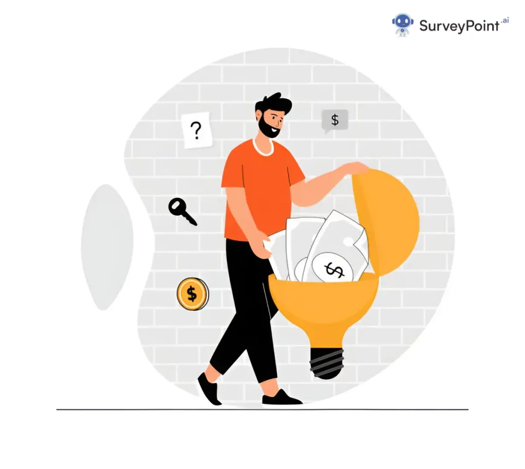 A man holding a light bulb and a box of money, symbolizing innovative rewards through Surveys on the Go.