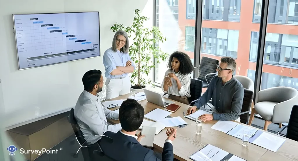 A diverse group of individuals engaged in a meeting, focused on a large screen displaying survey questions.