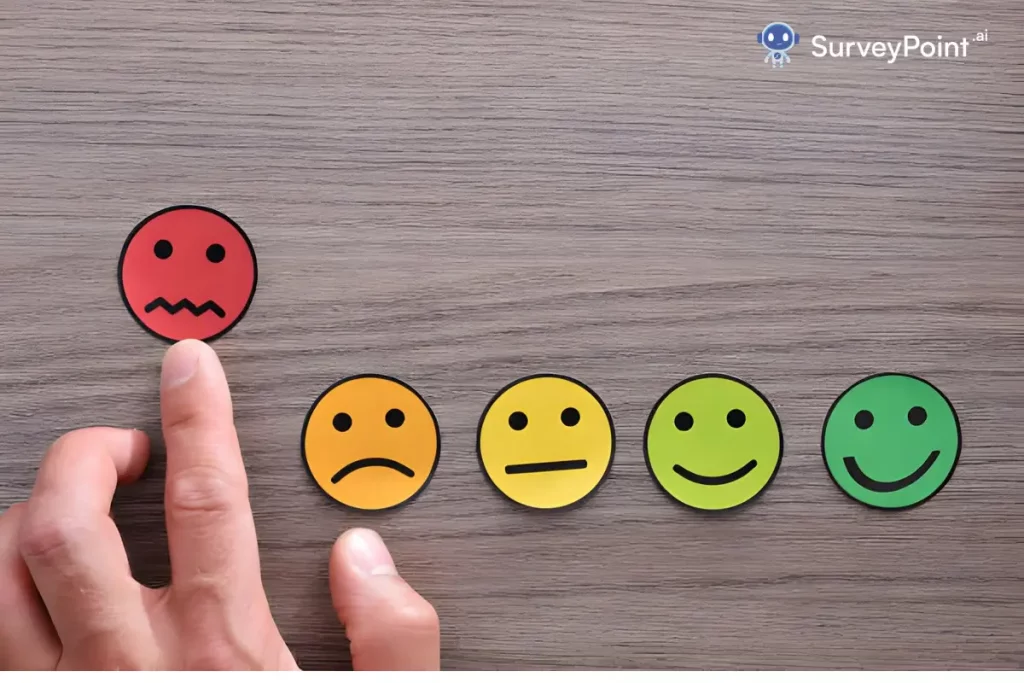 A person points at a smiley face drawn on a wooden table, representing feedback for the WinCo Foods Survey.