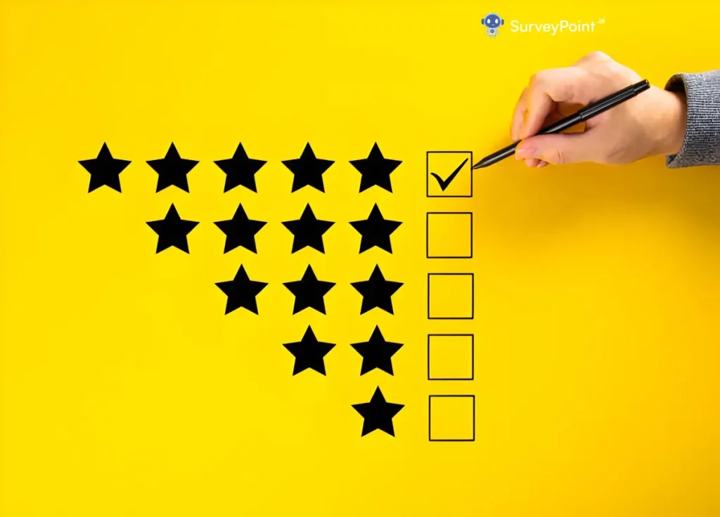 Hand writing a star rating checklist on a yellow background for a high school student reading survey.