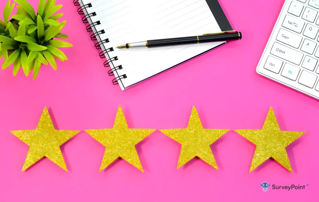 Golden stars on a pink background featuring a laptop, pen, and notepad, symbolizing a text message survey.