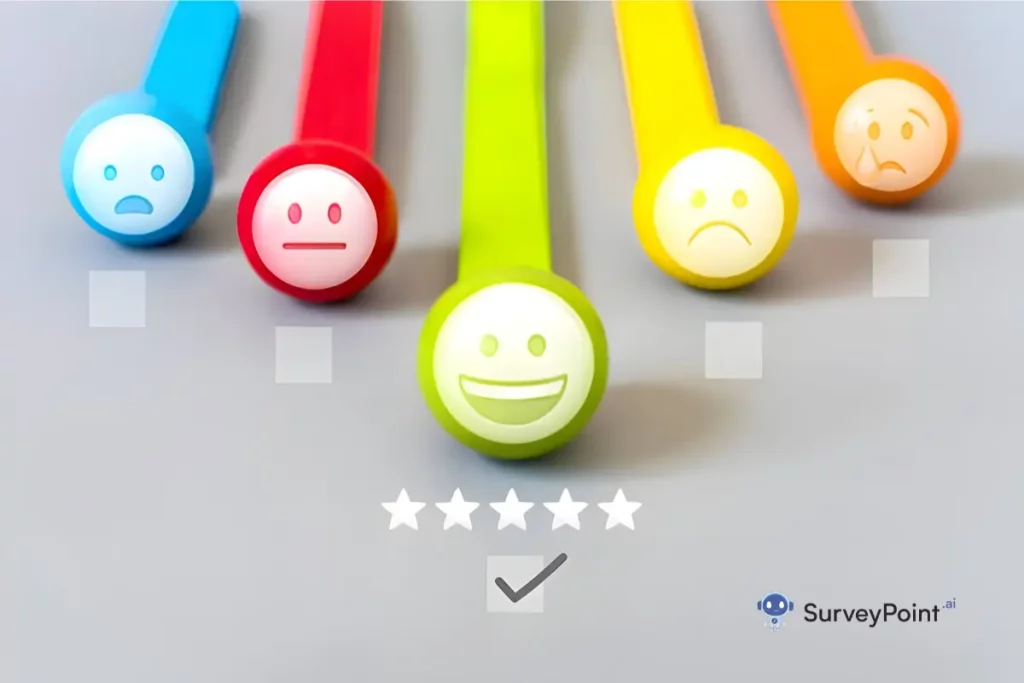 Five vibrant plastic sticks featuring cheerful smiley faces, symbolizing positivity in an Employee Engagement Survey meme.