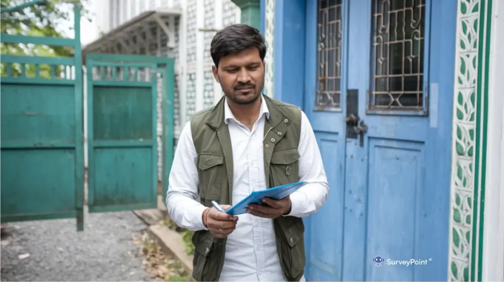 A man in a green vest stands before a blue building, actively performing a direct survey.