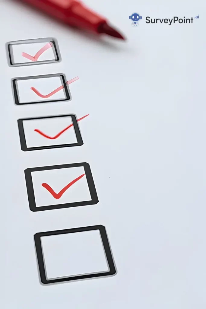 A checklist on white paper with a red pen, indicating survey questions to be answered or reviewed.