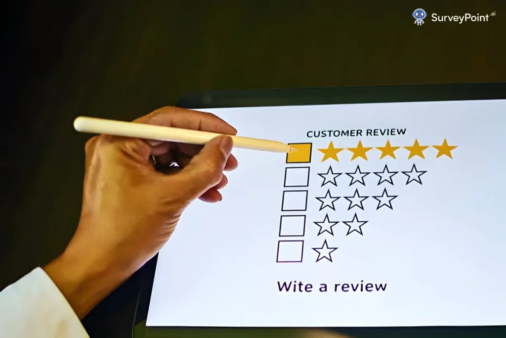 Customer review displayed on a tablet screen, featuring feedback from the Coca Cola Survey.