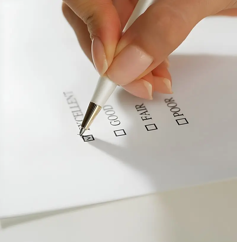 A woman's hand writing a checklist titled 'Student Feedback Survey for Teachers' on a notepad.