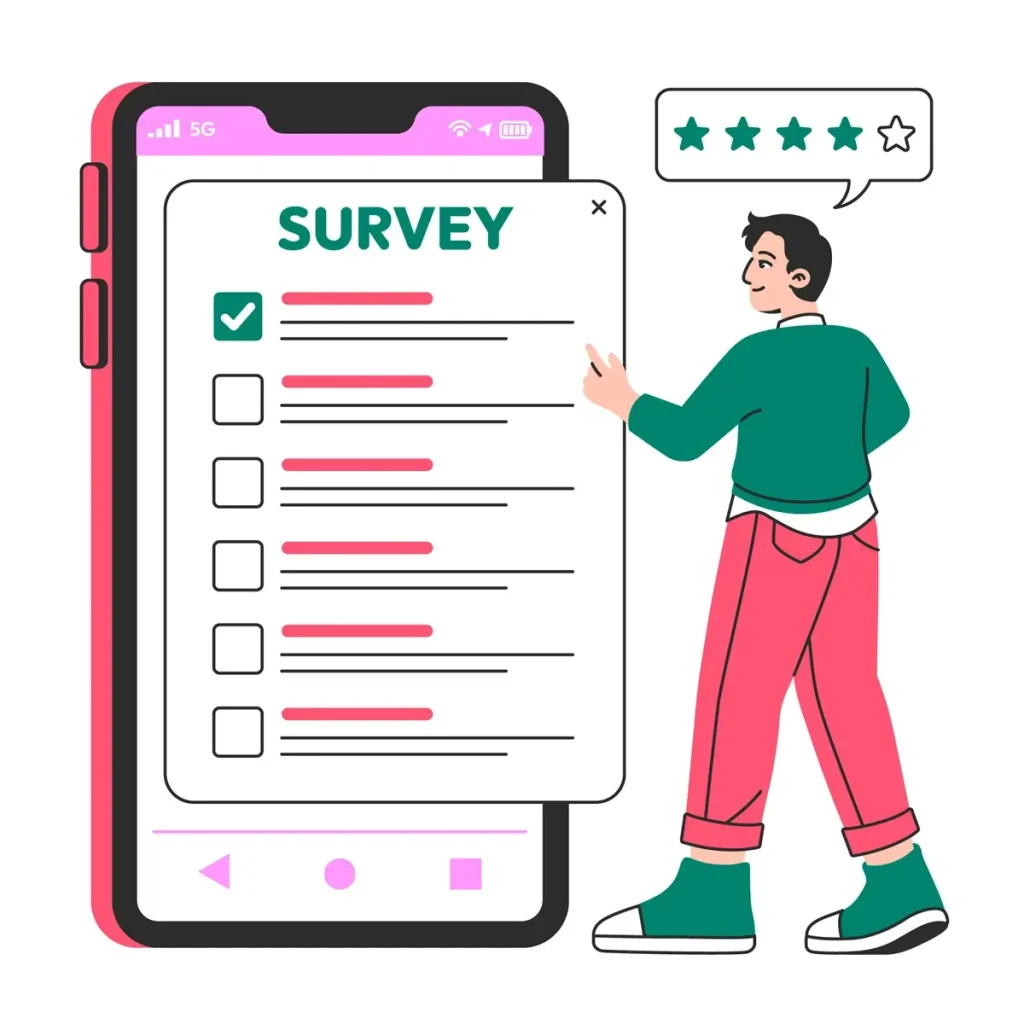 A smartphone showcasing a application, emphasizing 15 exit survey questions designed to predict business success.